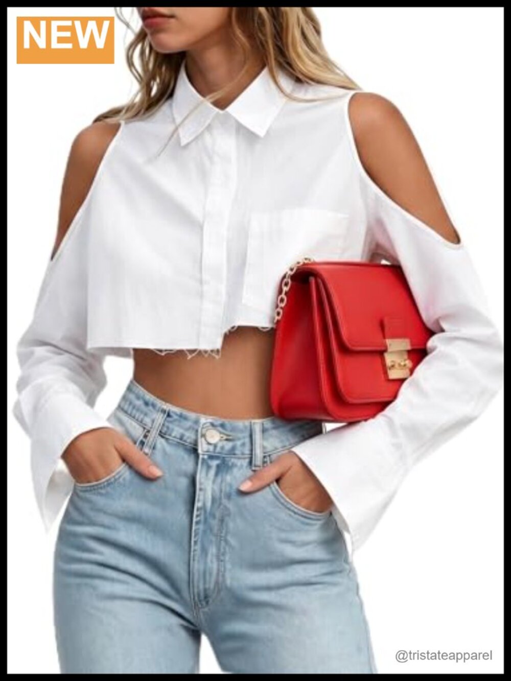 Women's Cold Shoulder Cropped Button Down Shirt Raw Hem Blouse 99% Polyester 1%